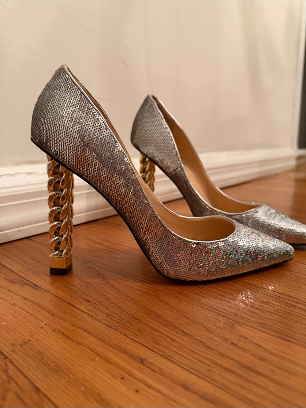 FSJ Silver Glitter Pumps with Gold Chain Block Heels